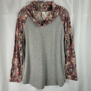 7th Ray Gray Purple Floral Cowl Neck Long Sleeve Sweatshirt Top Women Size Large